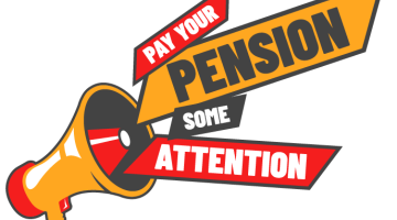Picture of a loudspeaker and the words 'Pay your pension some attention'
